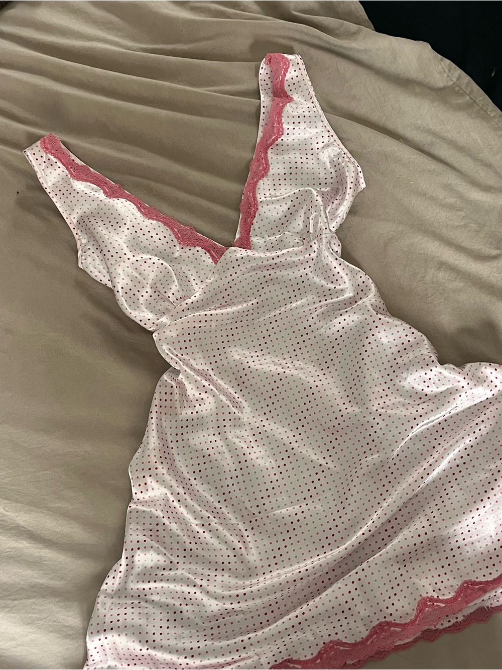 Vintage Pink Polka Dot Satin Chemise with Pink Lace Trim